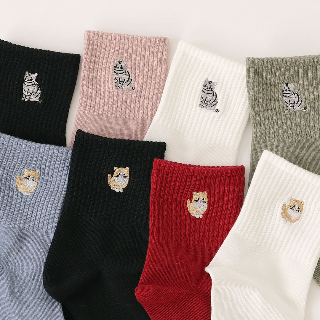 Cat Embrodered Rib Low Crew Socks