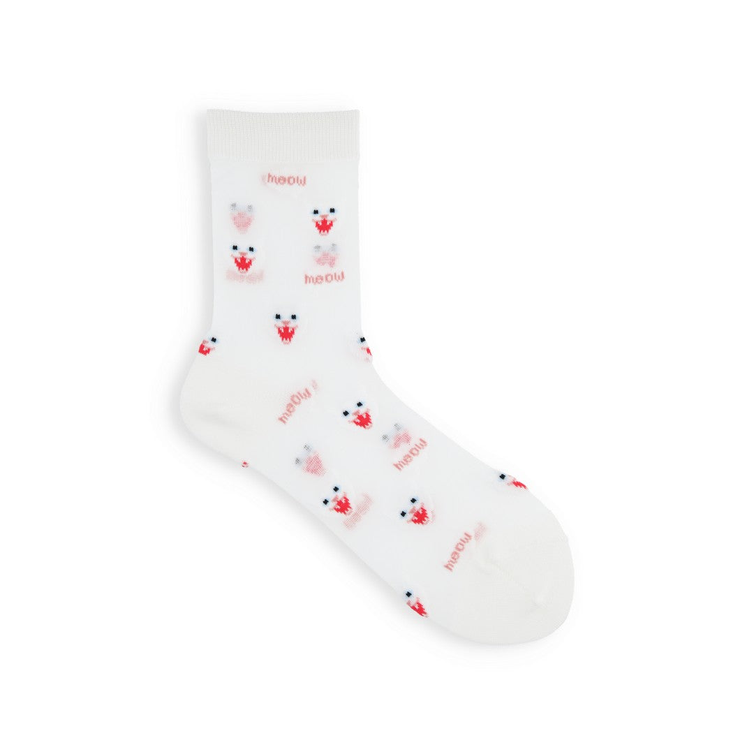 021132507 Sheer Meow Pattern Low Crew Socks