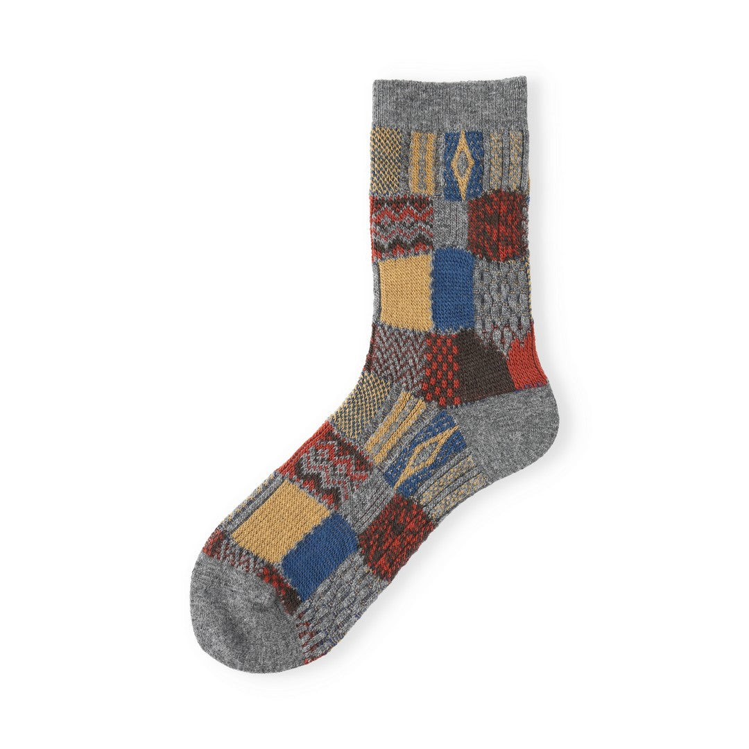 021140621 Wool Jacquard Patchwork Crew Socks