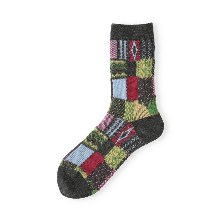 021140621 Wool Jacquard Patchwork Crew Socks