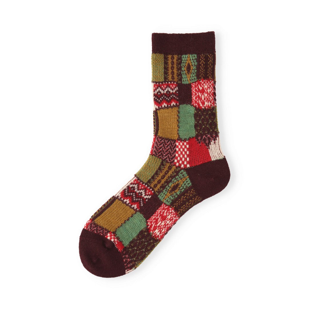 021140621 Wool Jacquard Patchwork Crew Socks