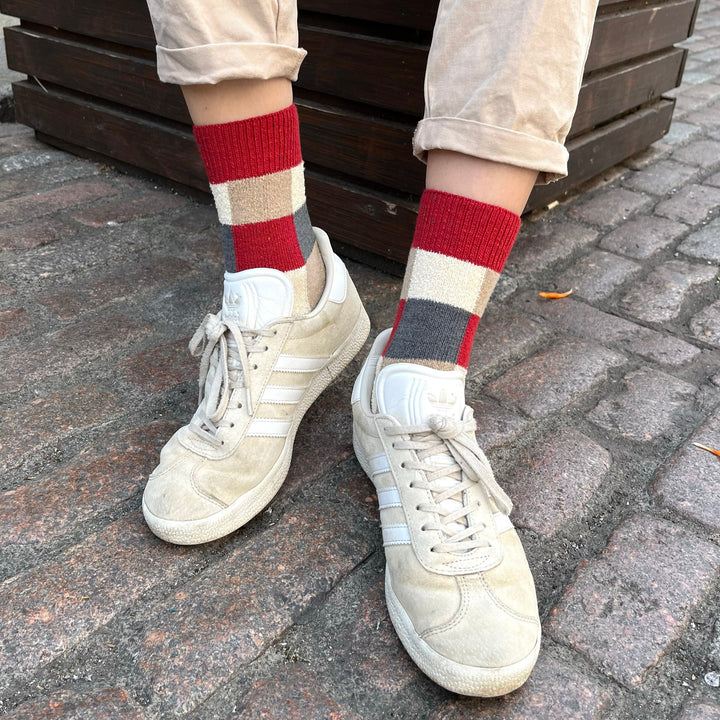 Red Wool Patchwork Patterned Socks